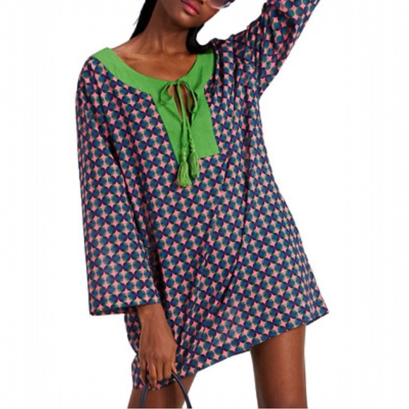 kate spade Patio Tile Cotton Tie-Neck Mini Cover-Up Dress MEDIUM New - Picture 3 of 4